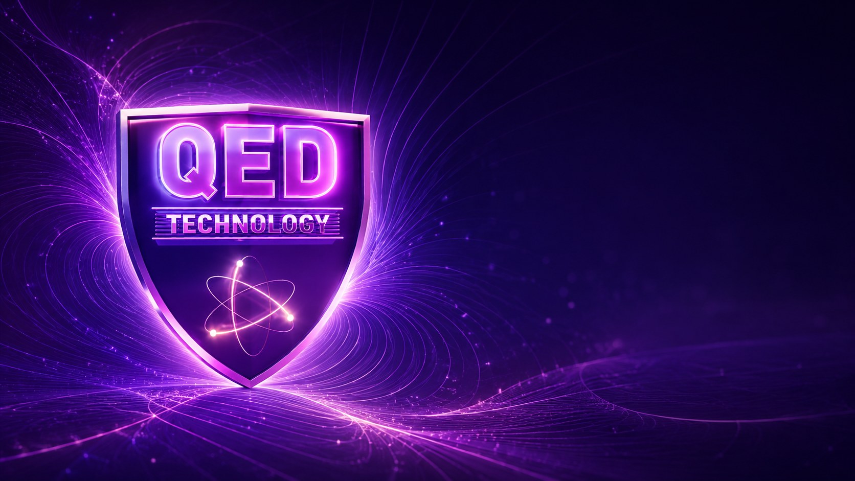 Abstract purple and blue quantum-field visual surrounding the QED Technology shield